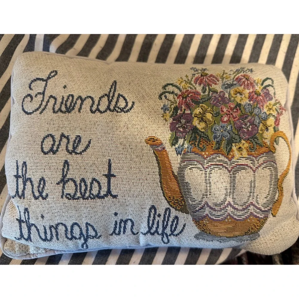 Vintage Style Woven Tapestry Floral Teapot Friendship Accent Pillow Beige Blue